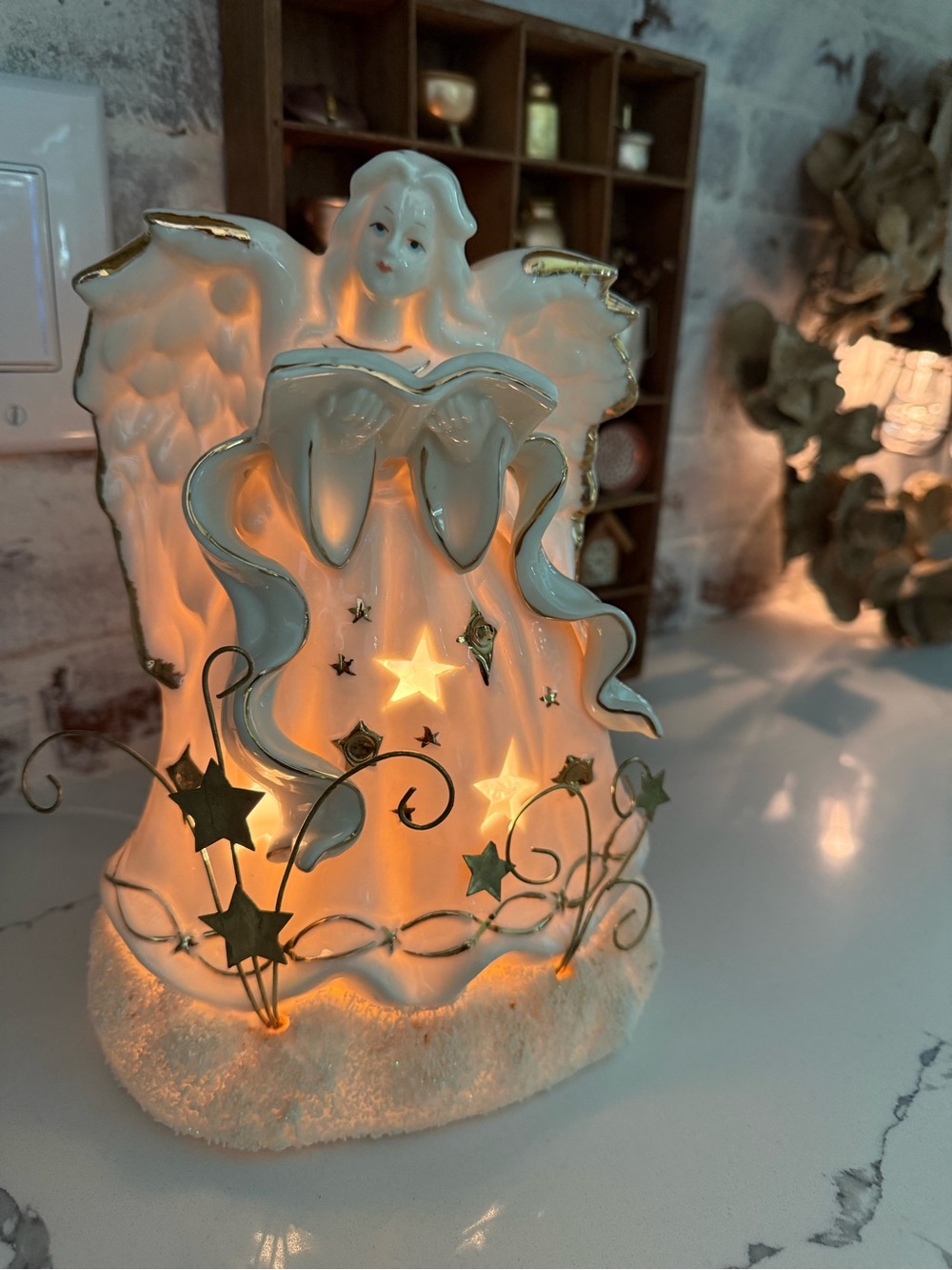 Vintage Porcelain Angel with Gold Star Accents - White and Gold